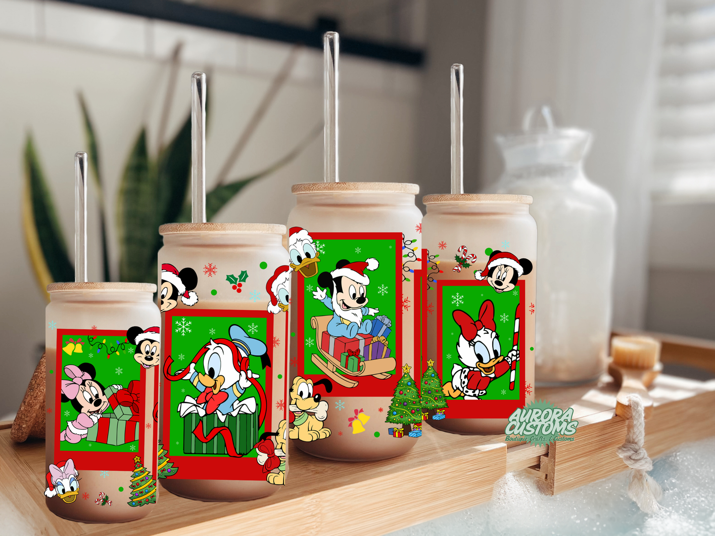 Mickey Christmas 16oz Glass Can