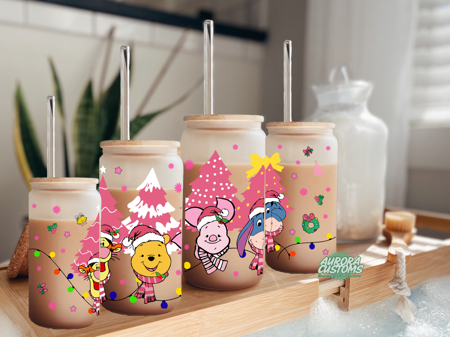 Pooh Christmas 16oz Glass Can